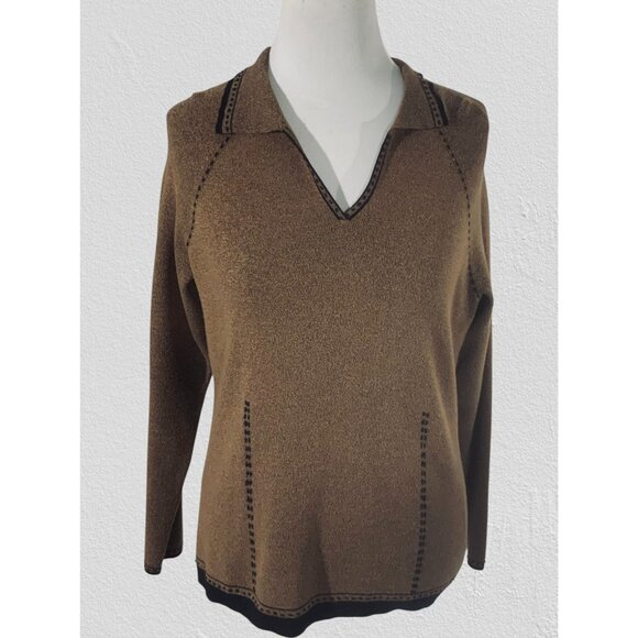 Emma James Liz Claiborne Medium Brown Long Sleeve Sweater Decorative Stitching - Picture 8 of 9